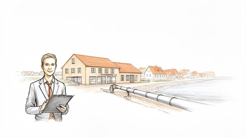 Illustration af mand med clipboard, huse og fjernvarmerør langs vandet i Nr. Nebel.