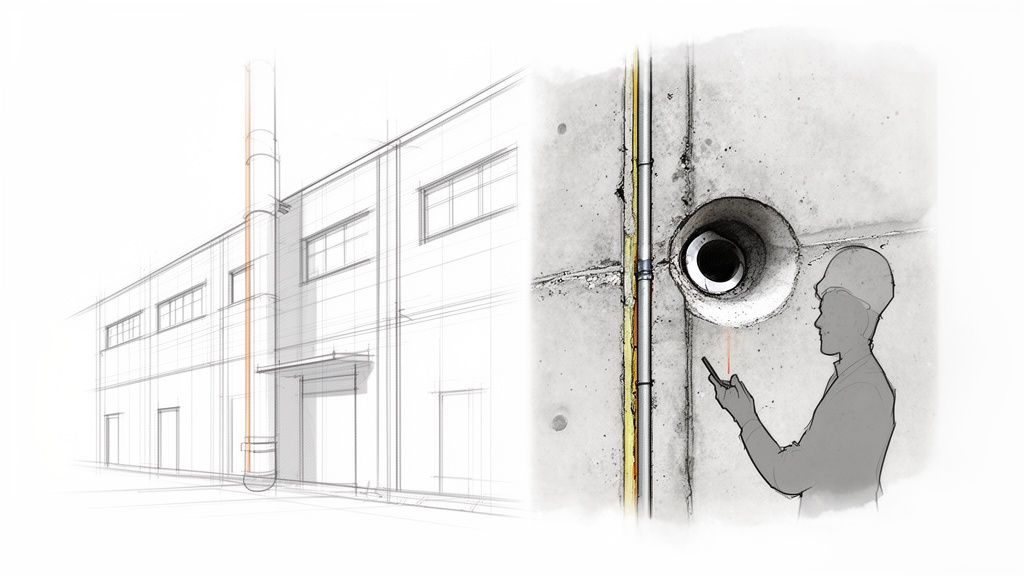 Skitse af en bygning og en person med hjelm, der inspicerer en betonvæg med rør og en åbning.