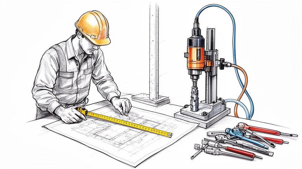 Bygningsarbejder i hjelm måler byggeplan med målebånd, mens en boremaskine og værktøj er synlige.