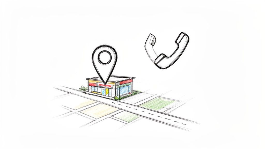 En skitse af en butik med en lokationsnål over og en telefon, der viser beliggenhed og kontakt.