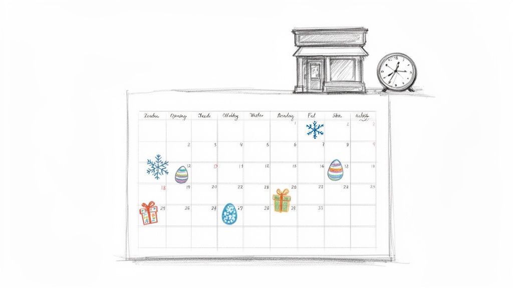 Håndtegnet kalender med butik, ur, snefnug, påskeæg og gaver. Viser åbningstider og helligdage.