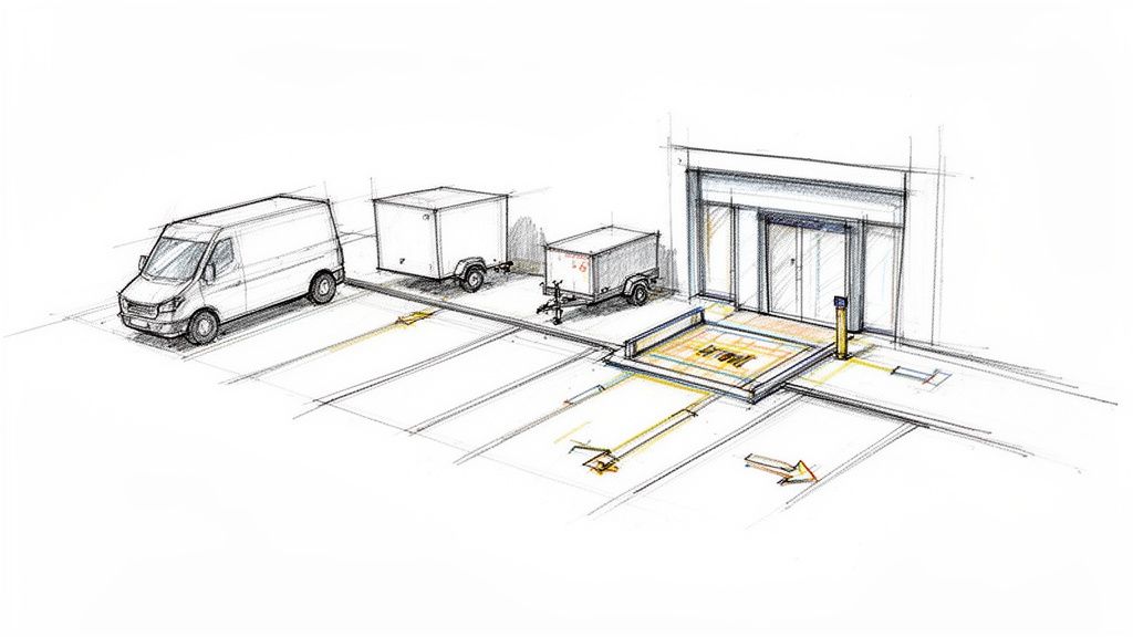 Detaljeret skitse af en bygning med en læsserampe, en varevogn og trailere parkeret i nærheden, samt gule markeringer på jorden.