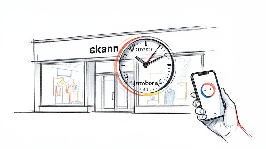 En butiksfacade med et ur, der viser tid, og en hånd, der holder en smartphone. Optimeret butiksdrift.