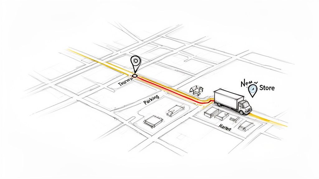 Kort over en leveringsrute til en butik med en lastbil, der følger en markeret vej fra et startpunkt.