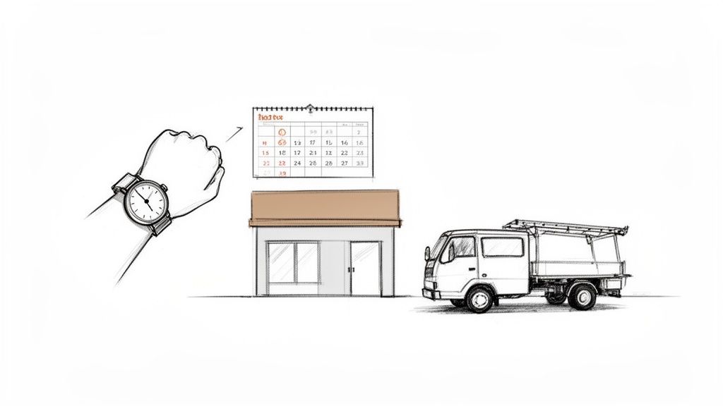 Hånd med ur, kalender, butik og lastbil illustrerer planlægning af åbningstider og levering.