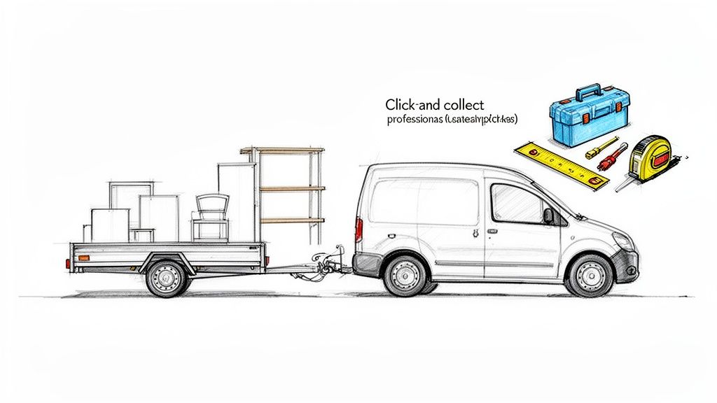 En hvid varevogn med en trailer læsset med møbler og værktøj til afhentning.