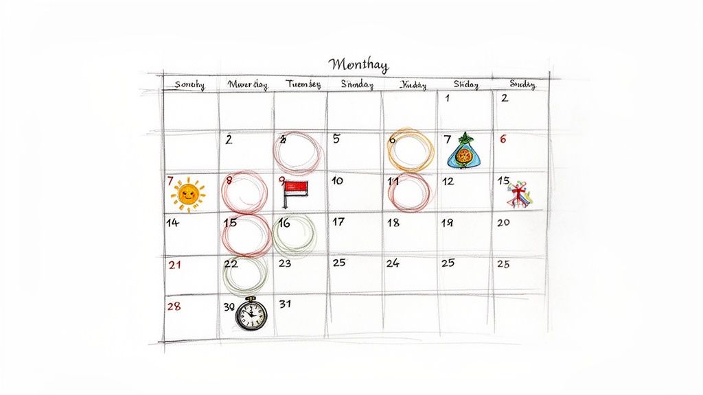 Håndtegnet kalender for Monthay med markerede datoer og små illustrationer af begivenheder.