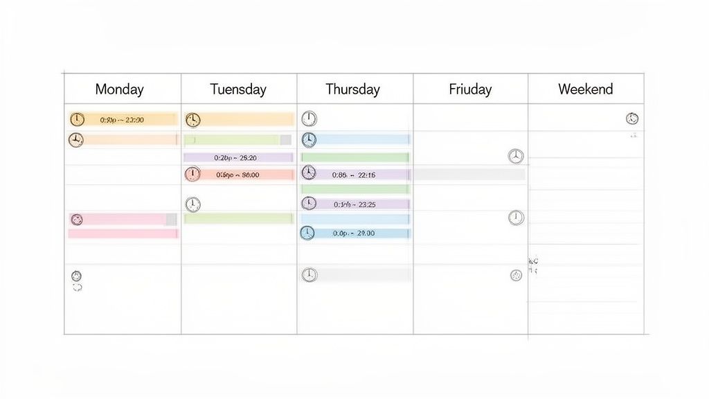En ugentlig kalender med åbningstider for mandag, tirsdag, torsdag, fredag og weekend.