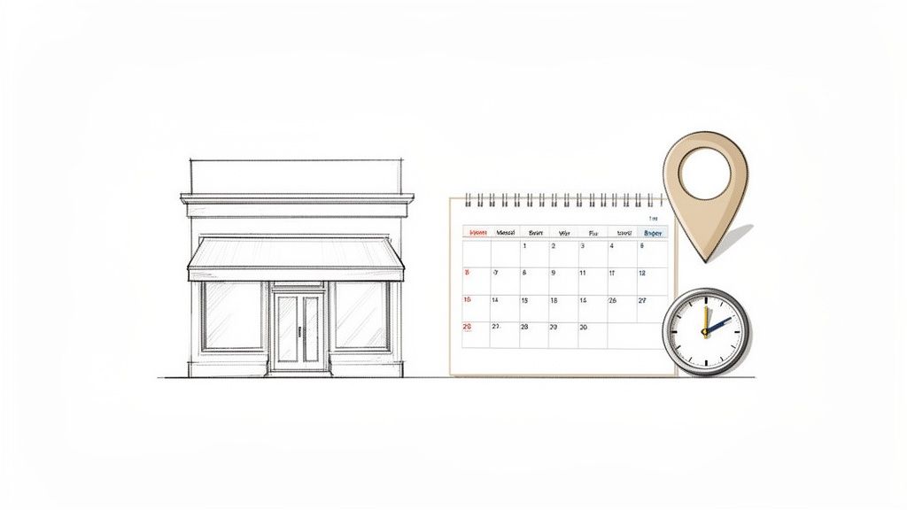 Illustration af en butiksfacade, kalender, stedmarkør og ur, der symboliserer åbningstider og placering.