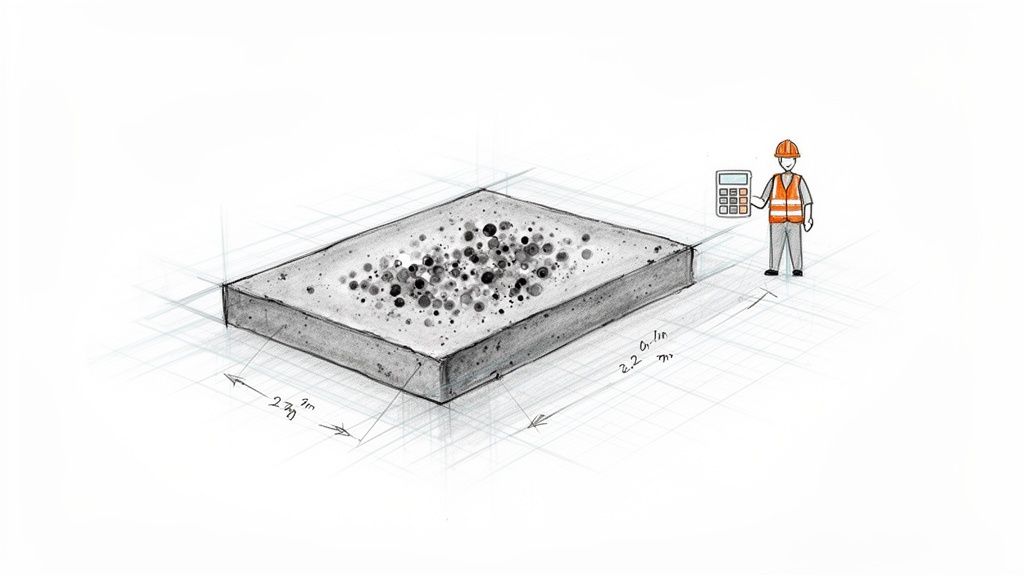 En bygningsarbejder måler en betonplade med kalkulator, viser dimensionerne 2.7m og 2.2m.