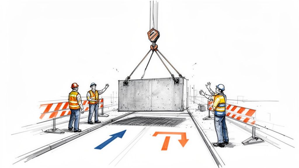 Byggearbejdere dirigerer en kran, der sænker en stor betonblok ned på en vej.