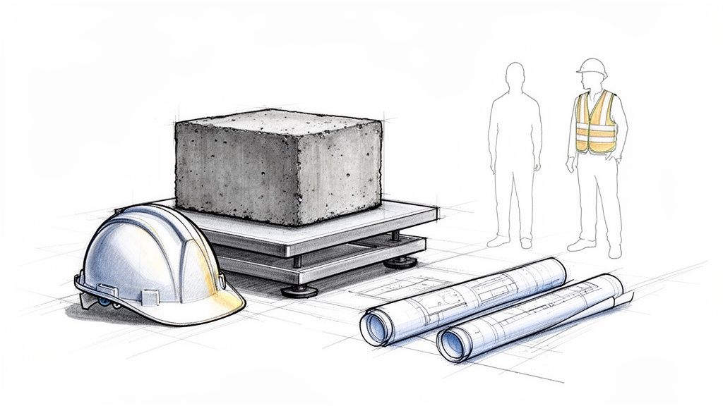 Illustration med et betonblok på en vægt, en sikkerhedshjelm og byggeplaner, med to figurer i baggrunden.