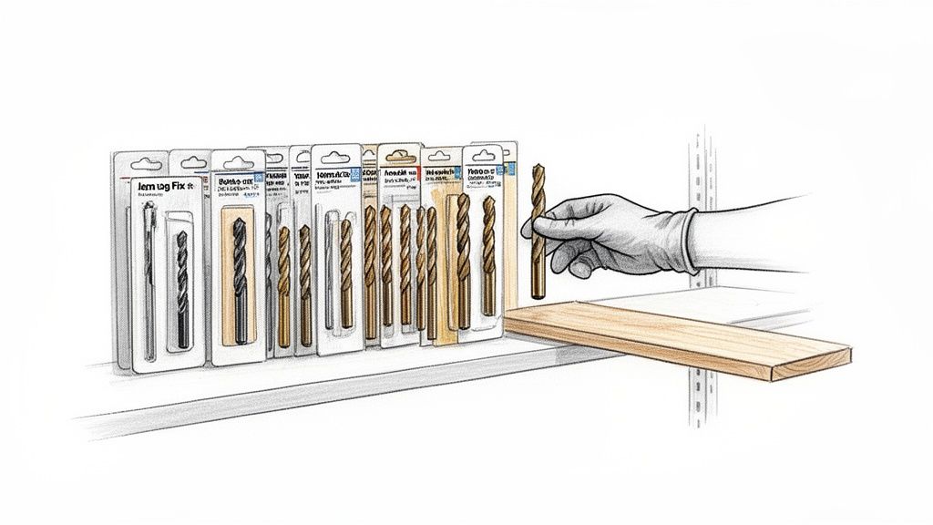 En hånd iført handske vælger et træbor fra et display med forskellige bor på en hylde.