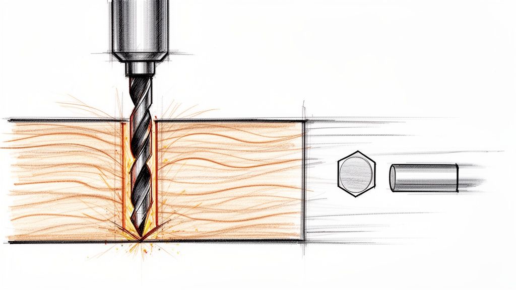 En boremaskine borer ned i et stykke træ, med spåner der flyver. Til højre ses tekniske tegninger af en sekskantet og en cylindrisk genstand.