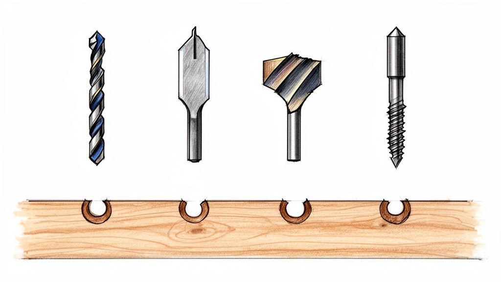 Forskellige bor til træ, herunder spiralbor, fladbor, notfræser og forsinker, vist med deres respektive huller i et stykke træ.