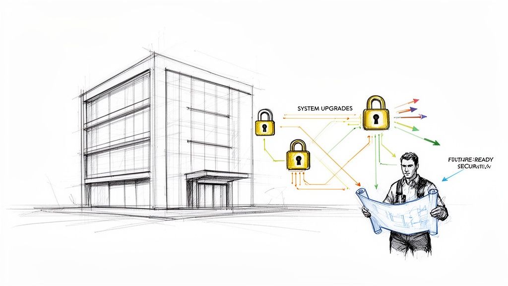 En tegning af en bygning med sikkerhedshængelåse, systemopgraderinger og en mand med tegninger, der repræsenterer fremtidssikret sikkerhed.