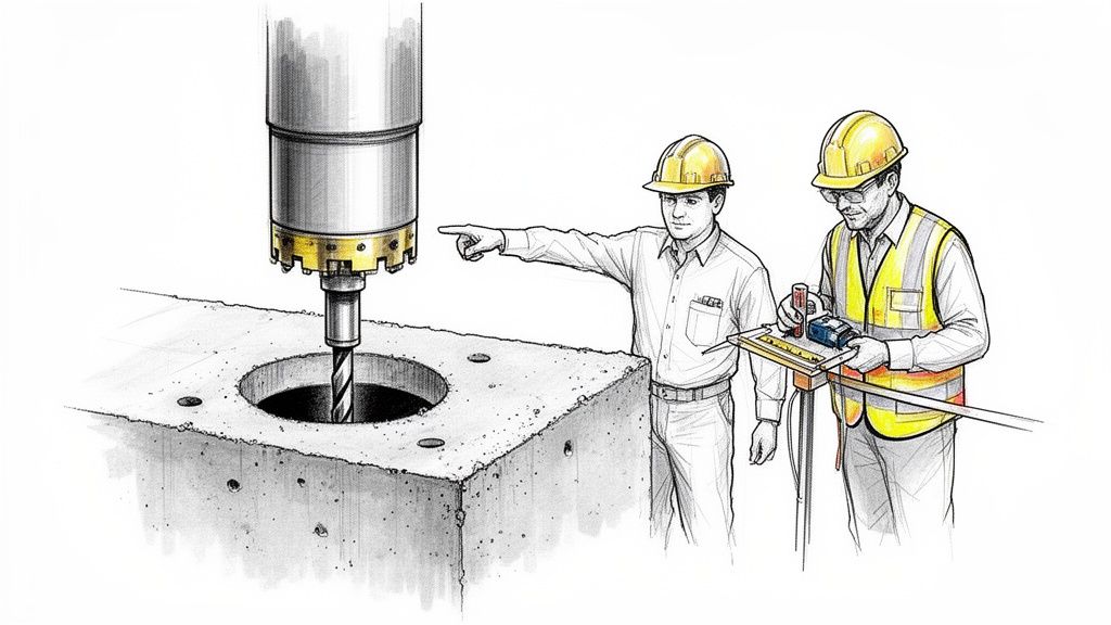 To bygningsarbejdere overvåger en boremaskine, der borer præcisionshuller i en betonkonstruktion.