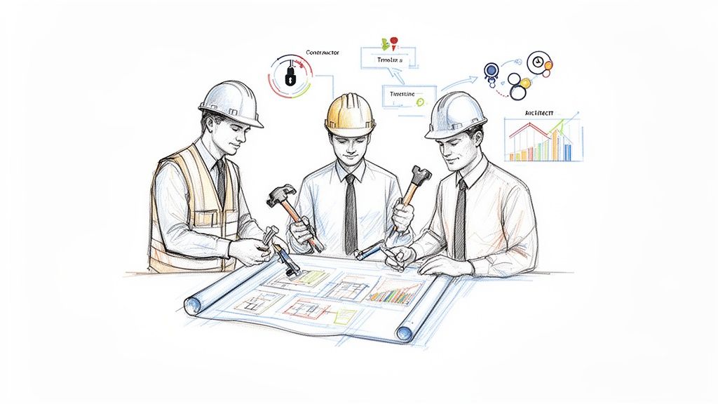 Tre mænd i sikkerhedshjelme gennemgår byggeplaner med værktøj og diagrammer, der repræsenterer entreprenør, tidslinje og arkitekt.