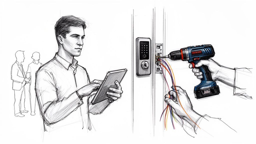 En mand med tablet overvåger installation af smartlås. En tekniker forbinder ledninger med boremaskine. Digital adgangskontrol.