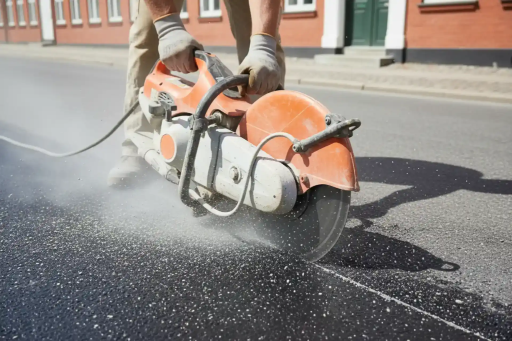 Håndværker bruger beton- og asfaltkutter til skæring på vej.