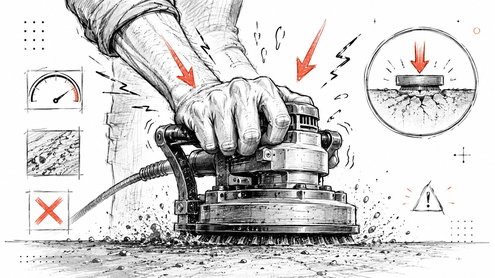 Illustration af en hånd, der bruger en slibemaskine til beton med tydelige tegn på forkert tryk og belastning.