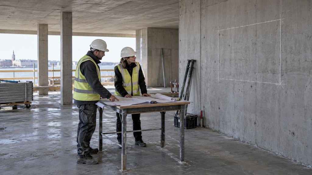 Bygningsarbejdere planlægger betonudskæringer med specialværktøj.